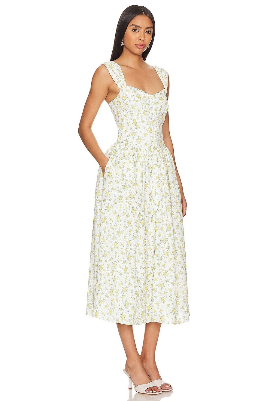 Bardot Malea Linen Cotton Contoured Bodice Midi Yellow Floral Dress XXL 12 NWT